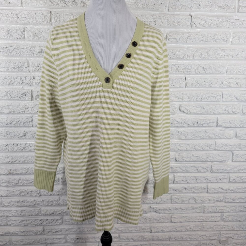 Sonoma XXL Plus Green White Striped Henley Sweater V-Neck Button Cardigan SWE56E